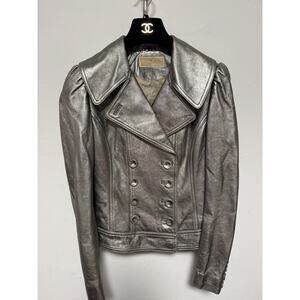 Michael Kors Jacket Womens 8 Metallic Leather Double Breasted Moto Biker Coat